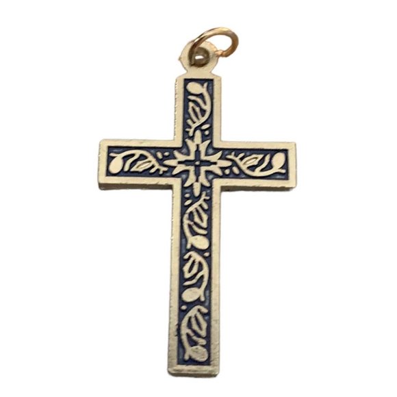 Vintage 1 1/4" Silvertone Pendant Cross Blue Embossing Jewelry for Necklace - Picture 7 of 7